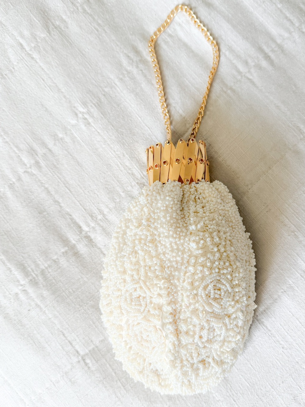 Vintage White Beaded Evening Bag/Wristlet With Gold Accordion Frame